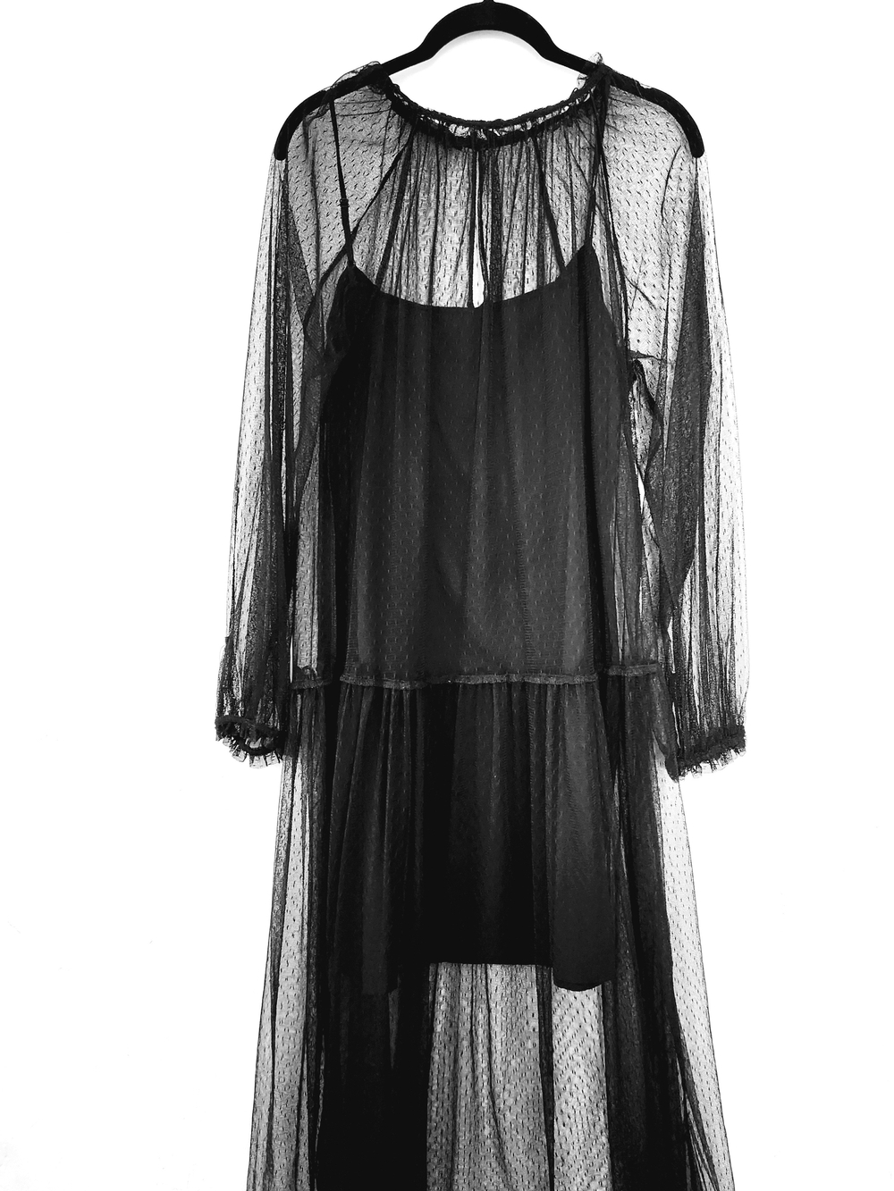 Zara Black Sheer Tiered Long-Sleeve Dress